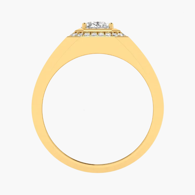 Gold ring with a diamond on a white background, featuring 'Green Lab' branding.
