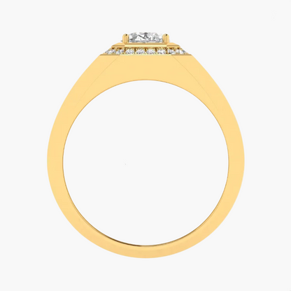Gold ring with a diamond on a white background, featuring 'Green Lab' branding.