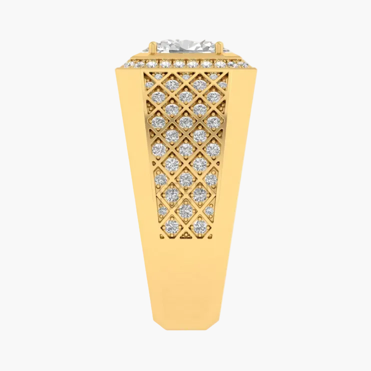 Gold ring with diamond lattice design on a white background