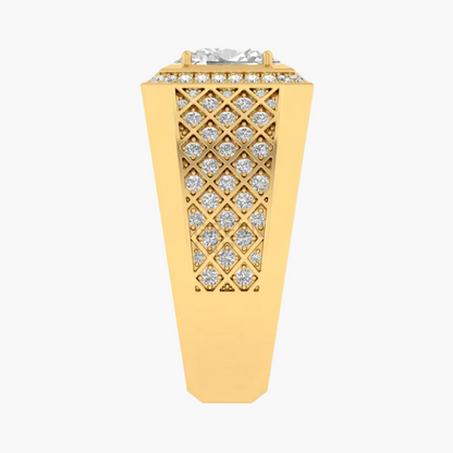 Gold ring with diamond lattice design on a white background