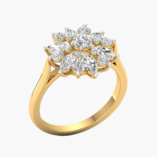 Gold ring with diamond accents on a white background