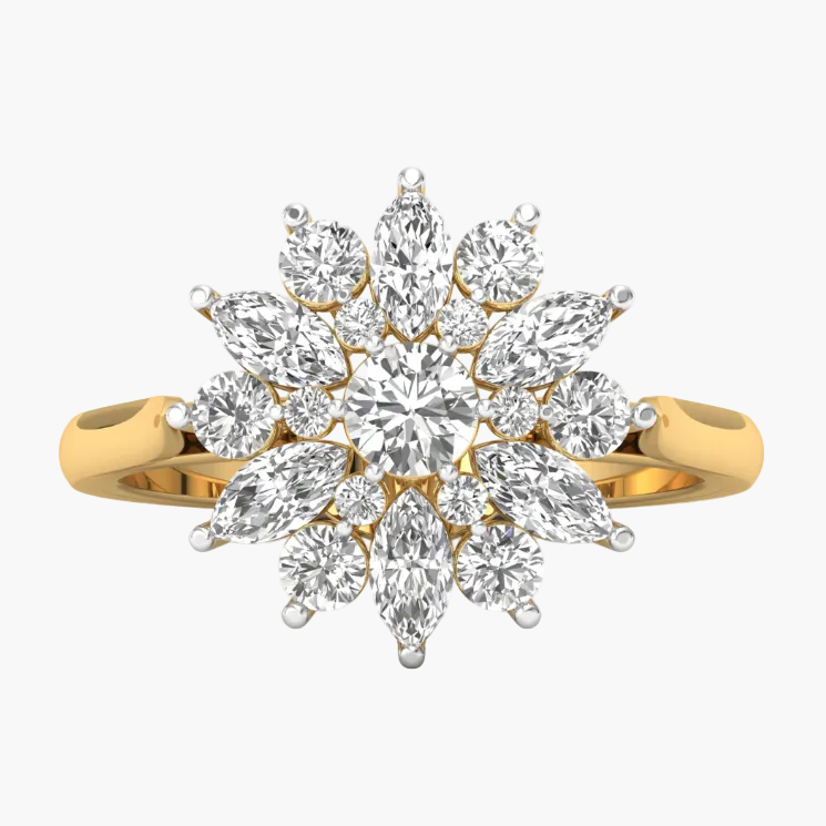 Gold ring with a diamond flower design on a white background