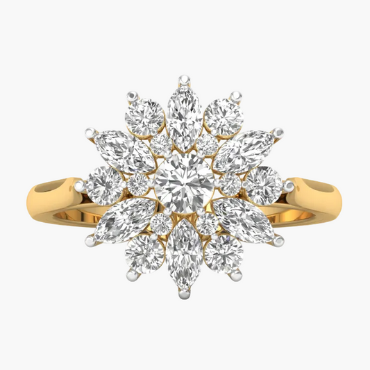 Gold ring with a diamond flower design on a white background