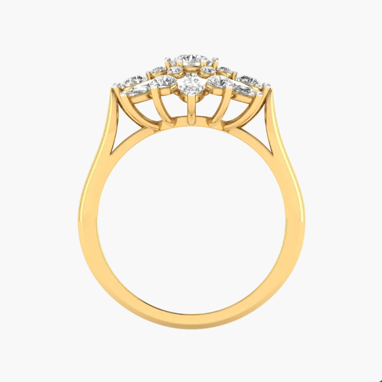 Gold ring with diamond accents on a white background