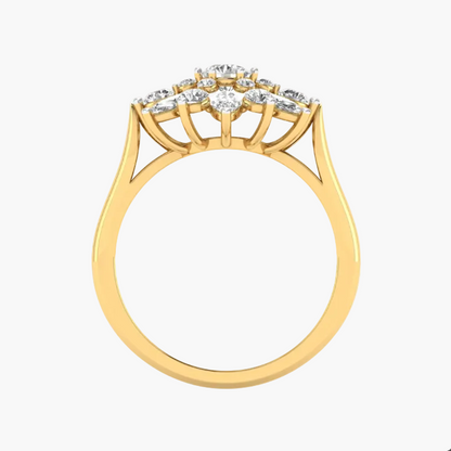 Gold ring with diamond accents on a white background