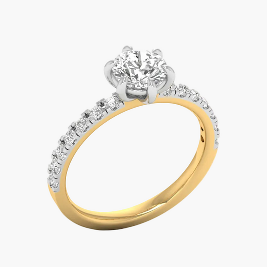 Two-tone gold and silver ring with diamonds on a white background