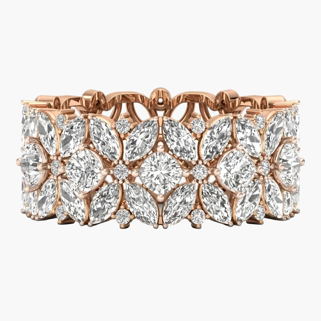 Rose gold bracelet with diamond flowers on a white background
