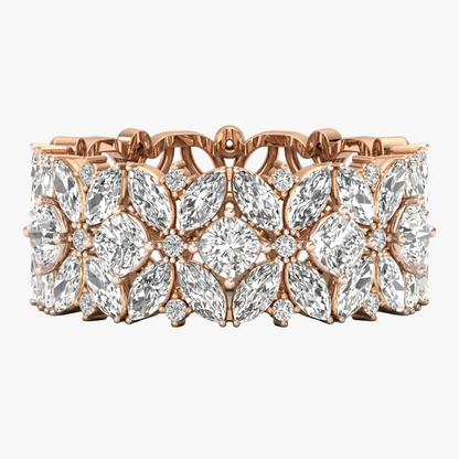 Rose gold bracelet with diamond flowers on a white background