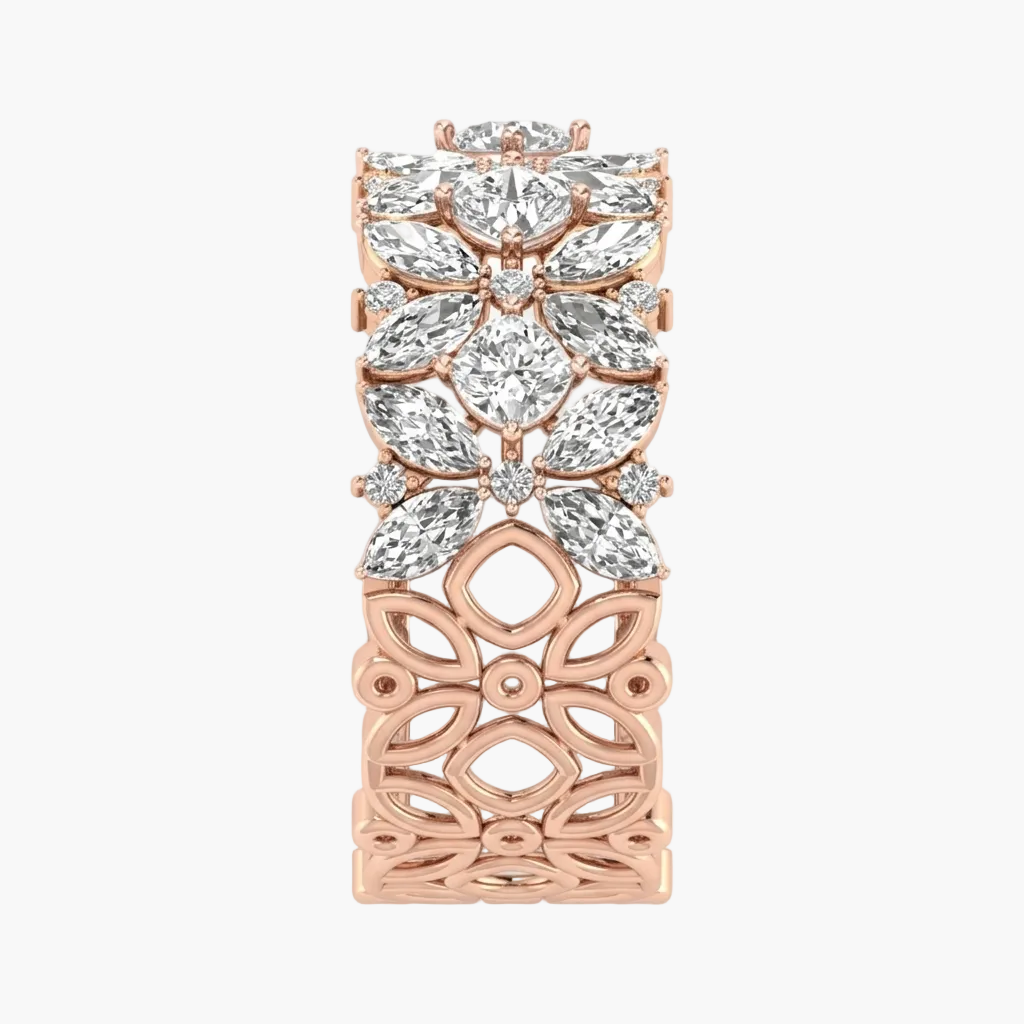Rose gold and clear gemstone decorative piece on a white background