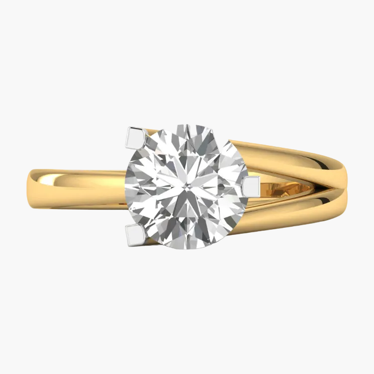 Gold ring with a large diamond on a white background