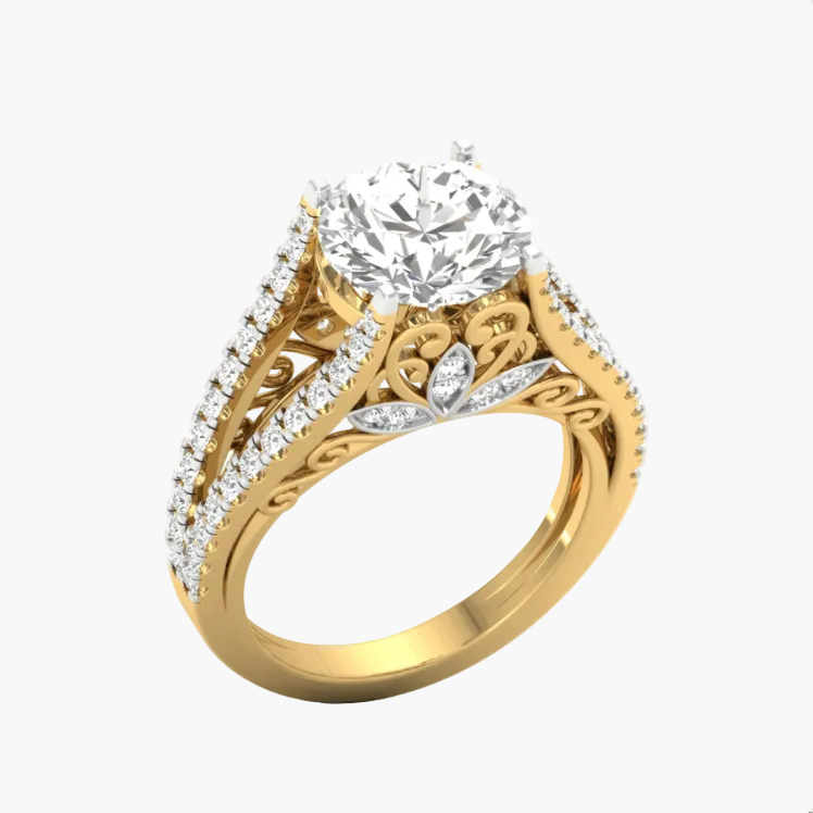 Gold ring with diamond accents on a white background
