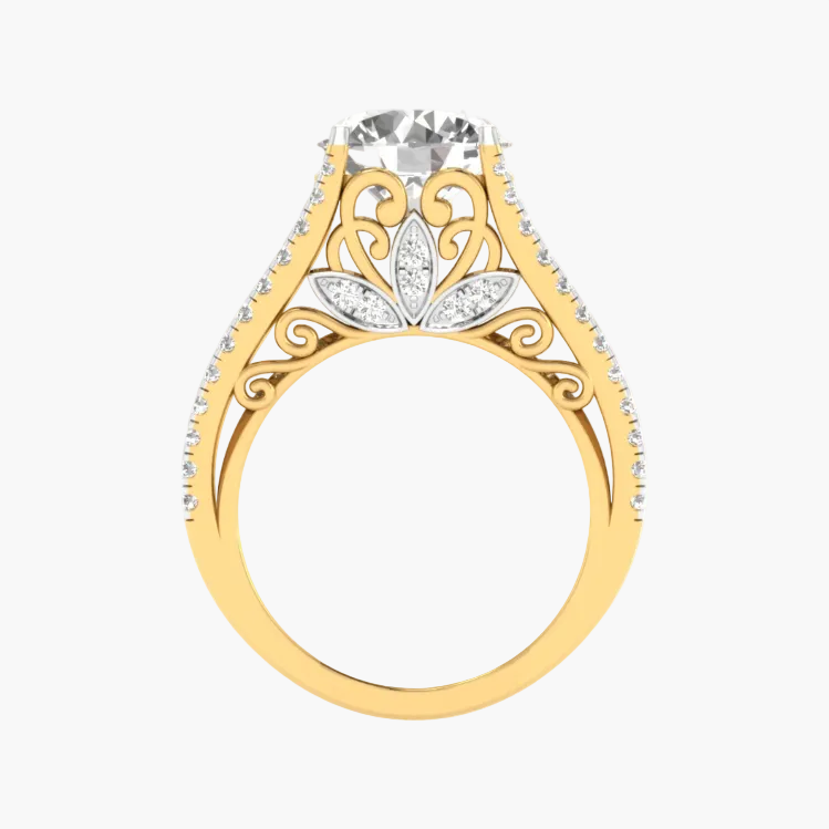 Gold ring with intricate design and diamond on a white background
