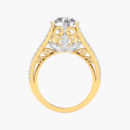 Gold ring with intricate design and diamond on a white background