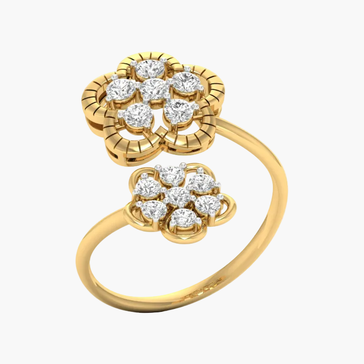 Gold ring with diamond accents on a white background