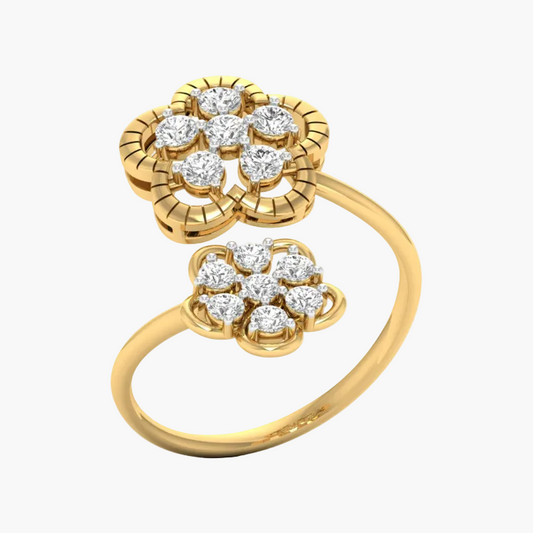 Gold ring with diamond accents on a white background