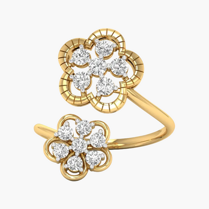 Gold ring with diamond floral design on a white background