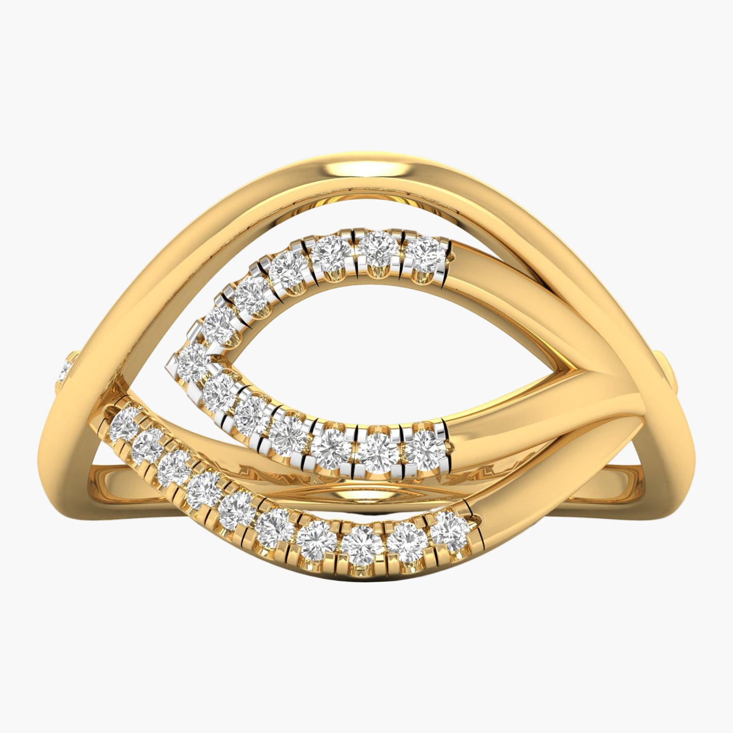 Gold ring with diamond accents on a white background