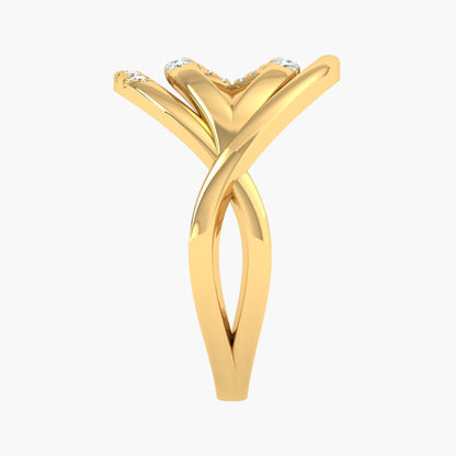 Gold ring with a V-shaped design on a white background