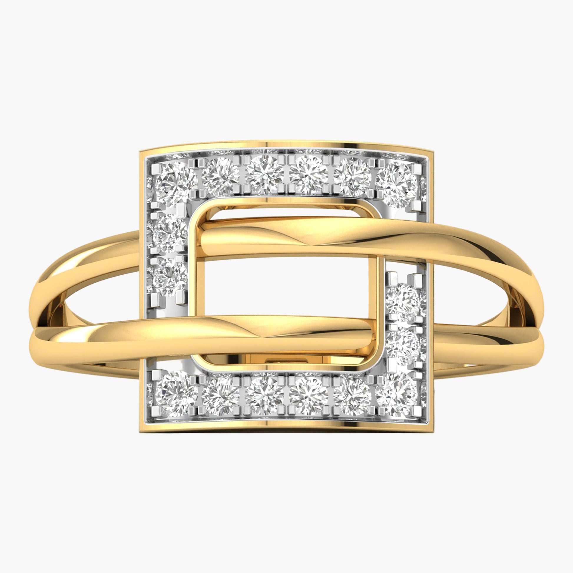 Gold and silver ring with diamond accents on a white background