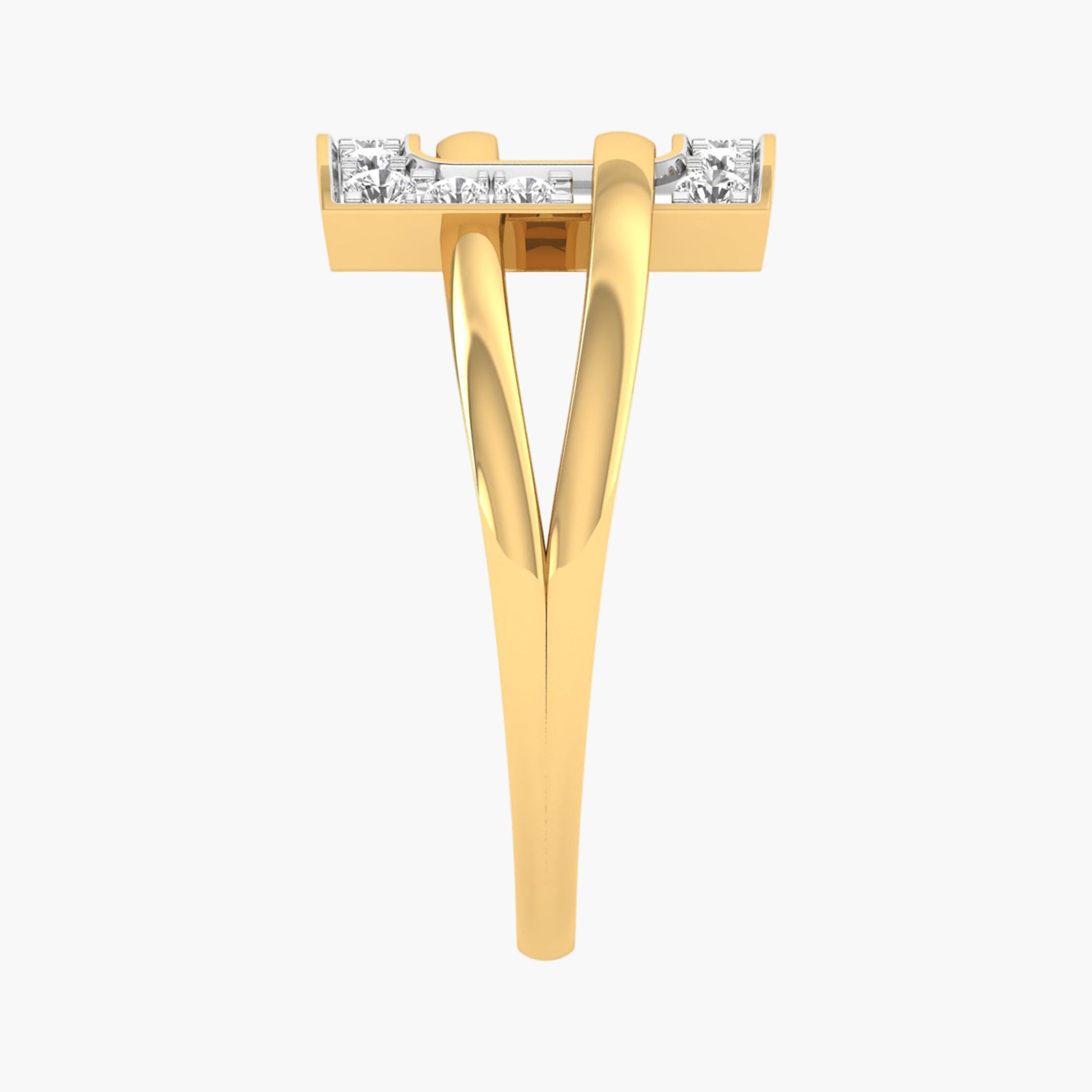 Gold ring with diamond accents on a white background