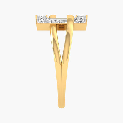Gold ring with diamond accents on a white background