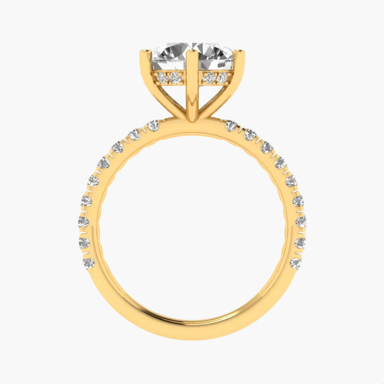 Gold ring with a large central diamond and smaller diamonds around on a white background