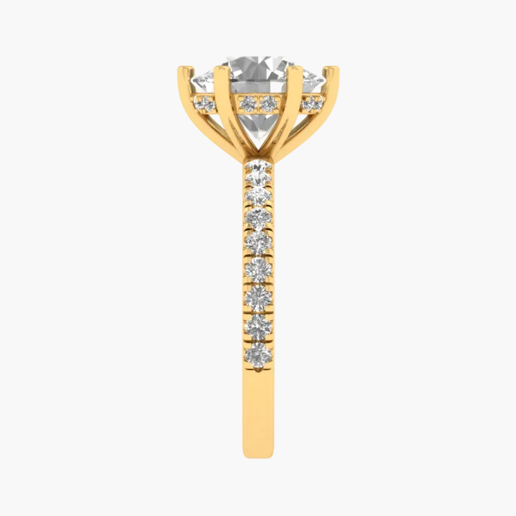 Gold earring with a central gemstone and smaller stones on a white background