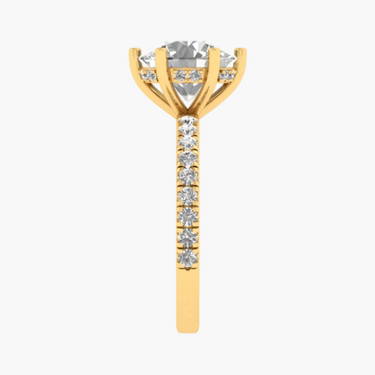 Gold earring with a central gemstone and smaller stones on a white background