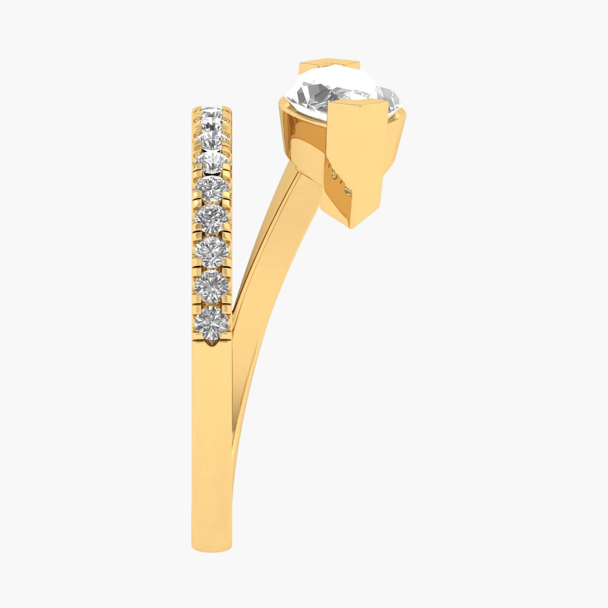 Gold ring with a large diamond and smaller diamonds on a white background