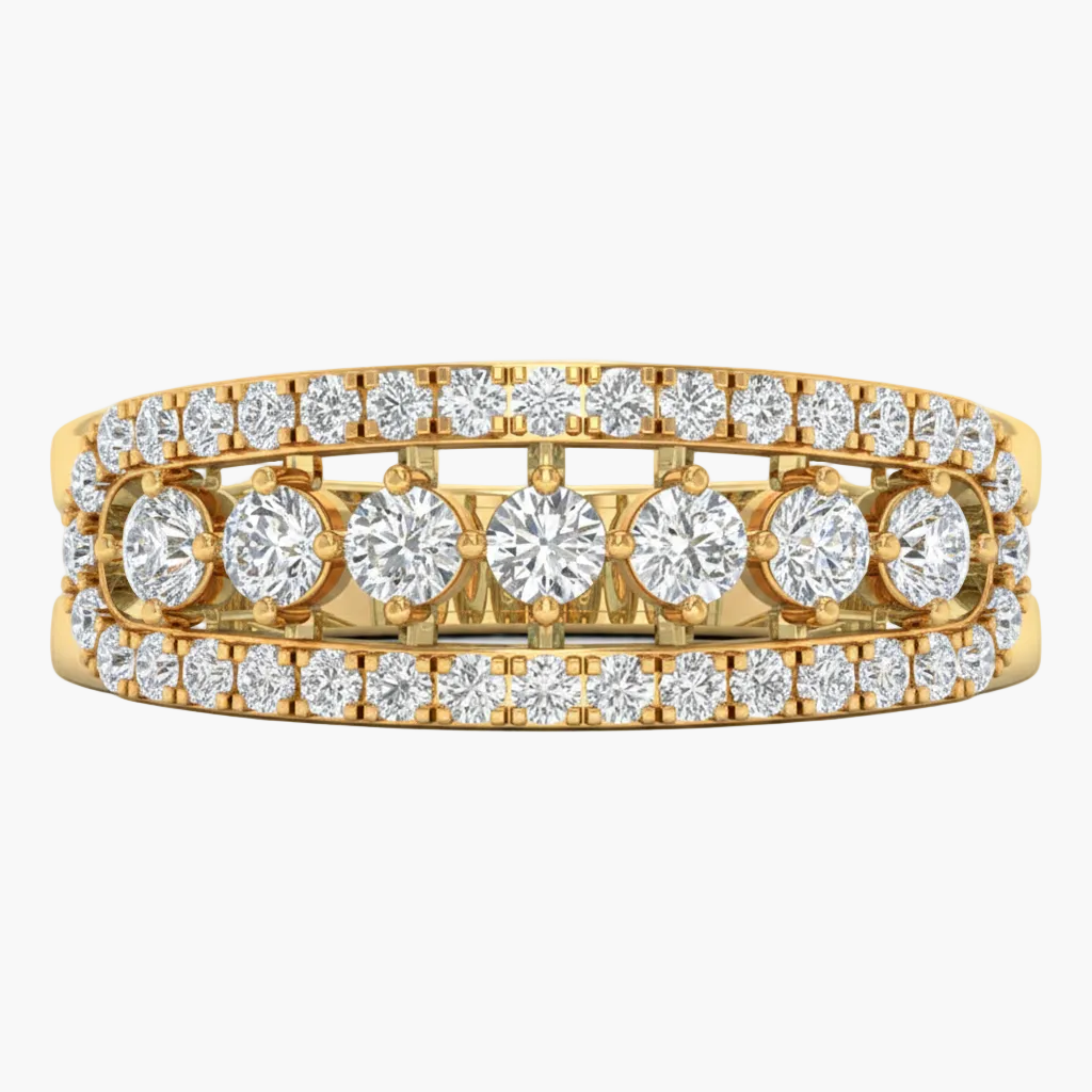Gold ring with multiple rows of diamonds on a white background