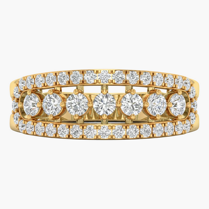 Gold ring with multiple rows of diamonds on a white background