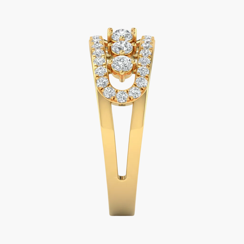 Gold ring with diamond accents on a white background