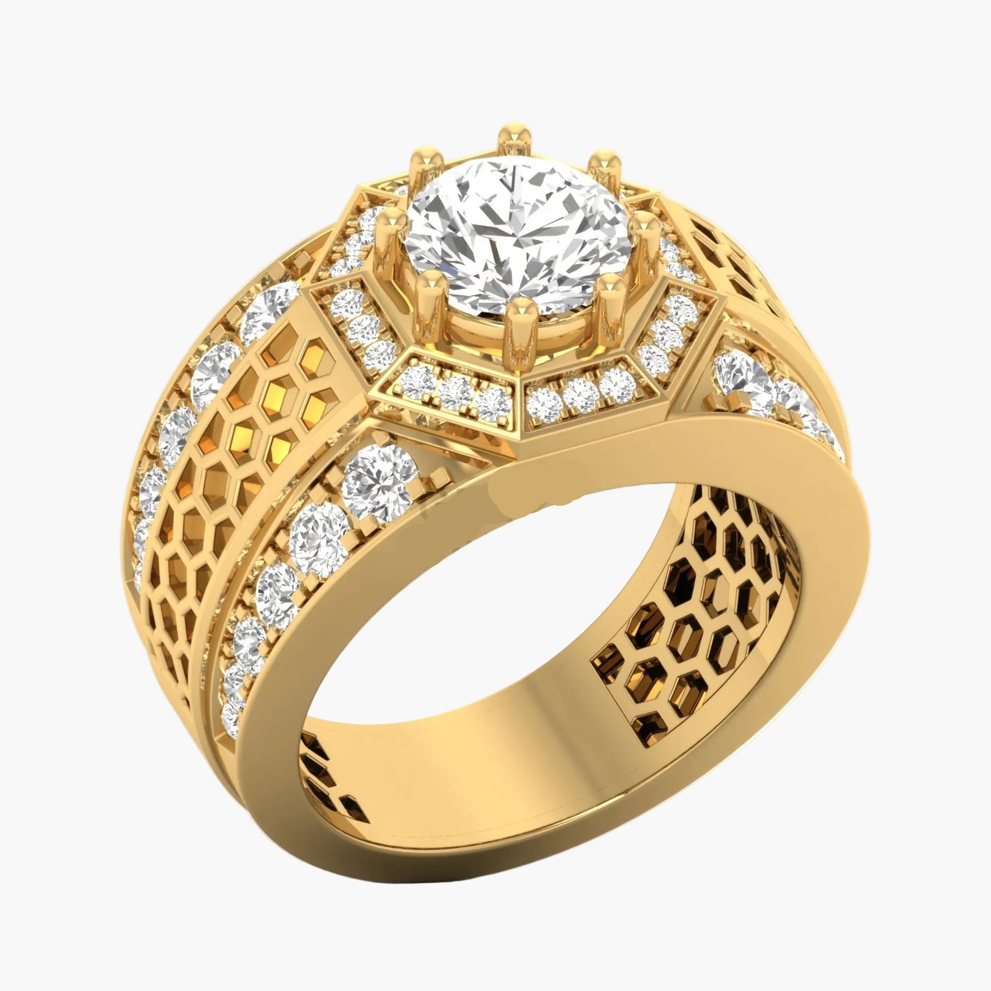 Gold ring with diamond accents on a white background