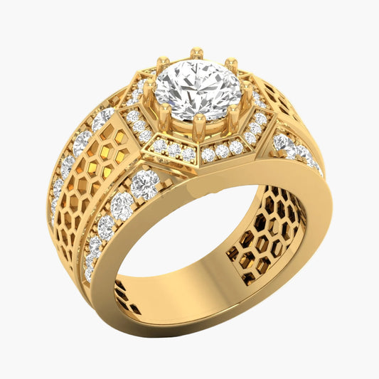 Gold ring with diamond accents on a white background