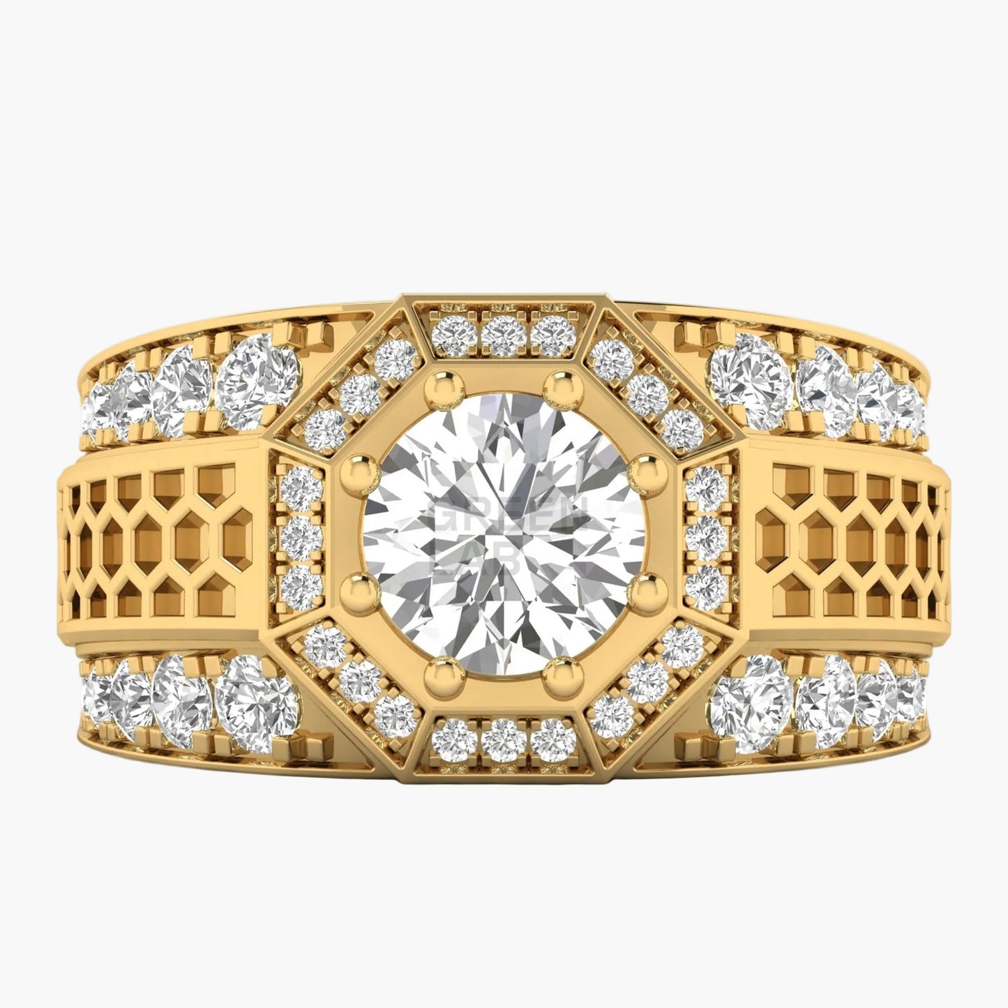 Gold ring with a large central diamond and smaller diamonds around on a white background