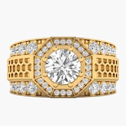 Gold ring with a large central diamond and smaller diamonds around on a white background