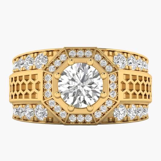 Gold ring with a large central diamond and smaller diamonds around on a white background