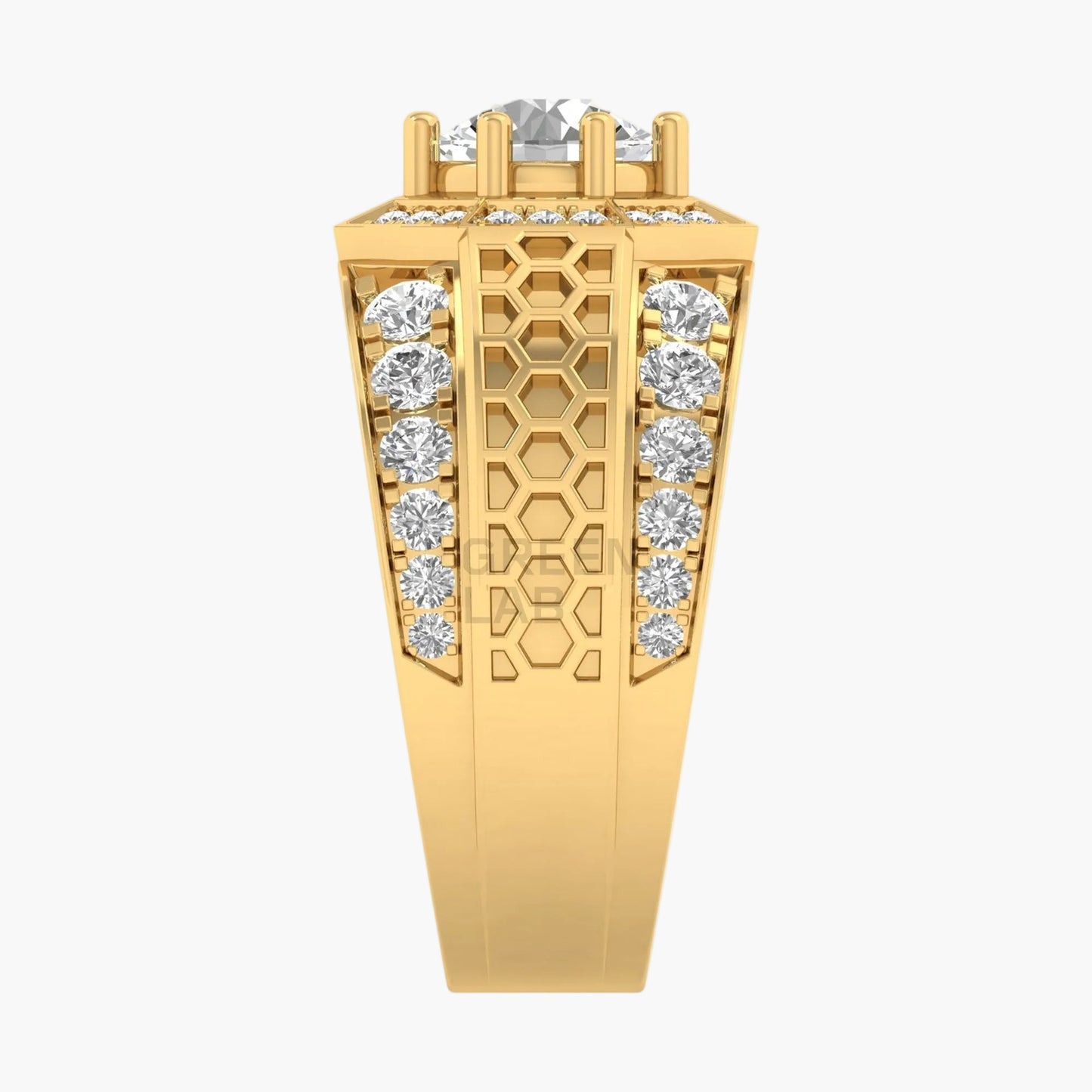 Gold ring with diamond accents on a white background