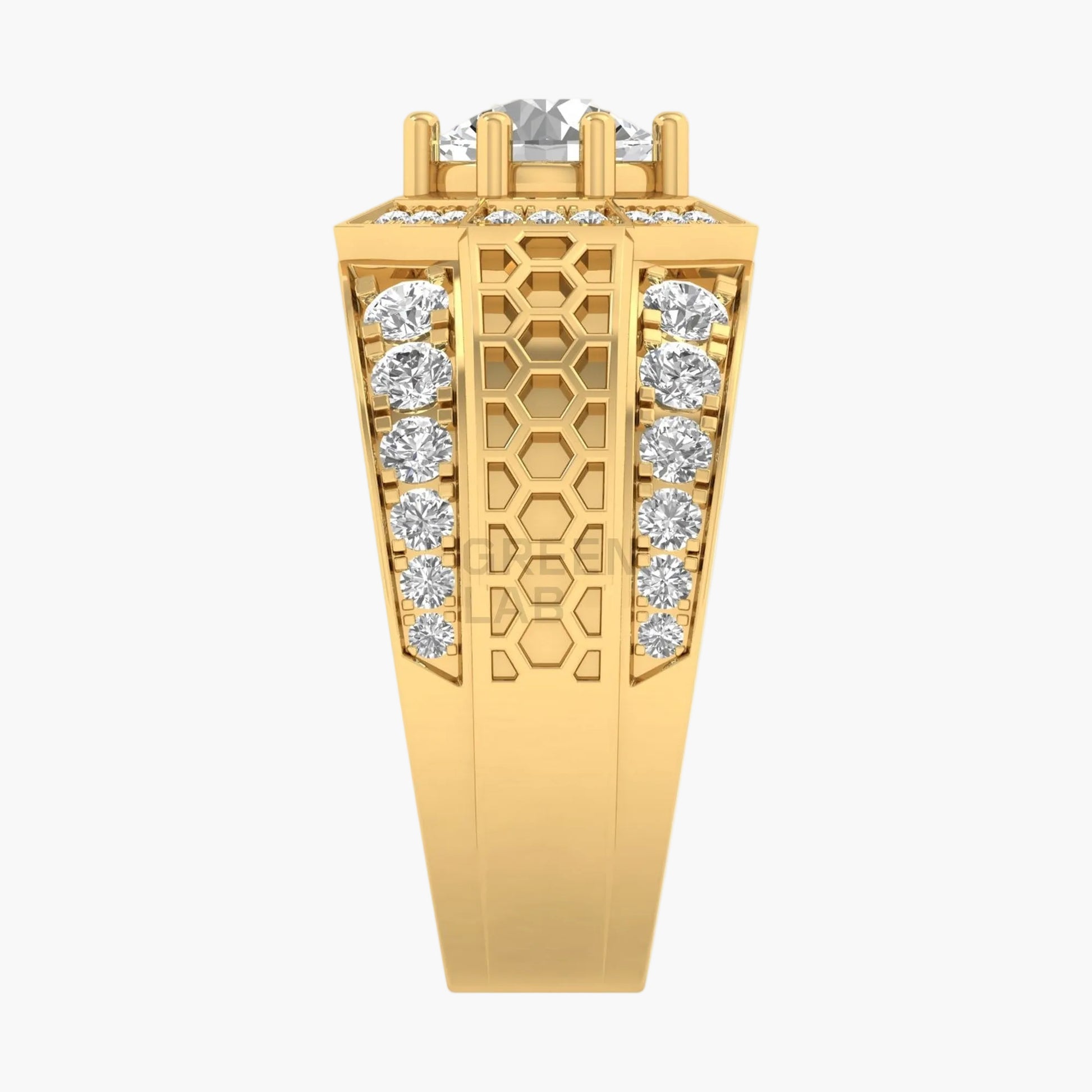 Gold ring with diamond accents on a white background