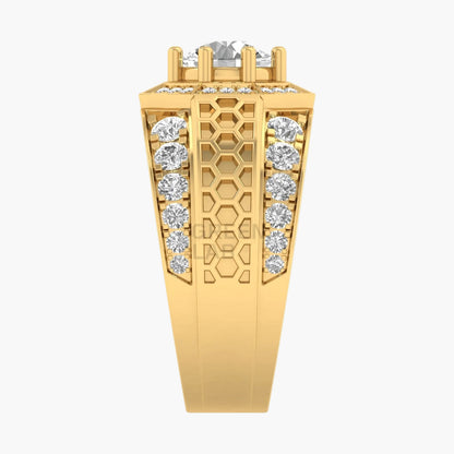 Gold ring with diamond accents on a white background