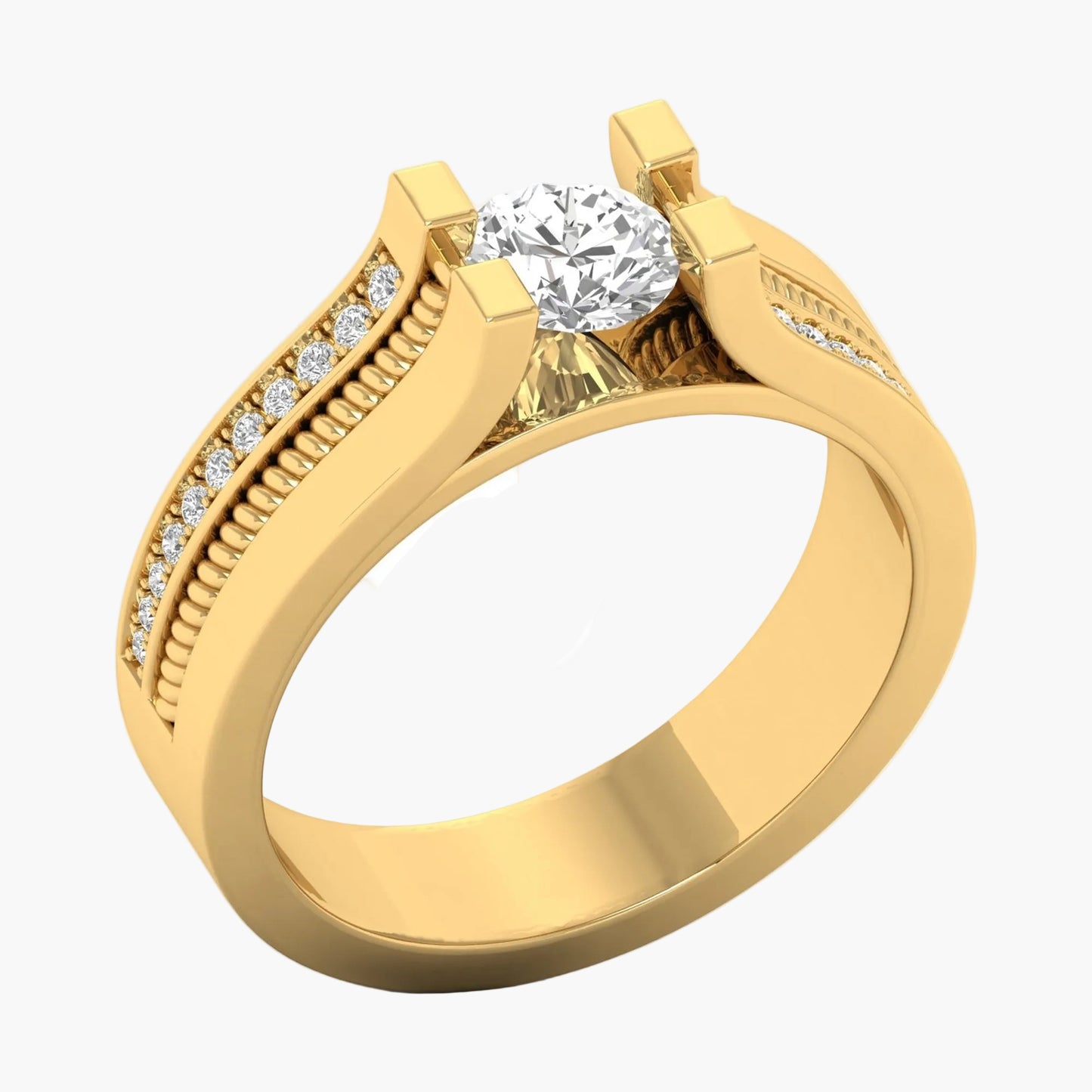 Gold ring with a diamond on a white background