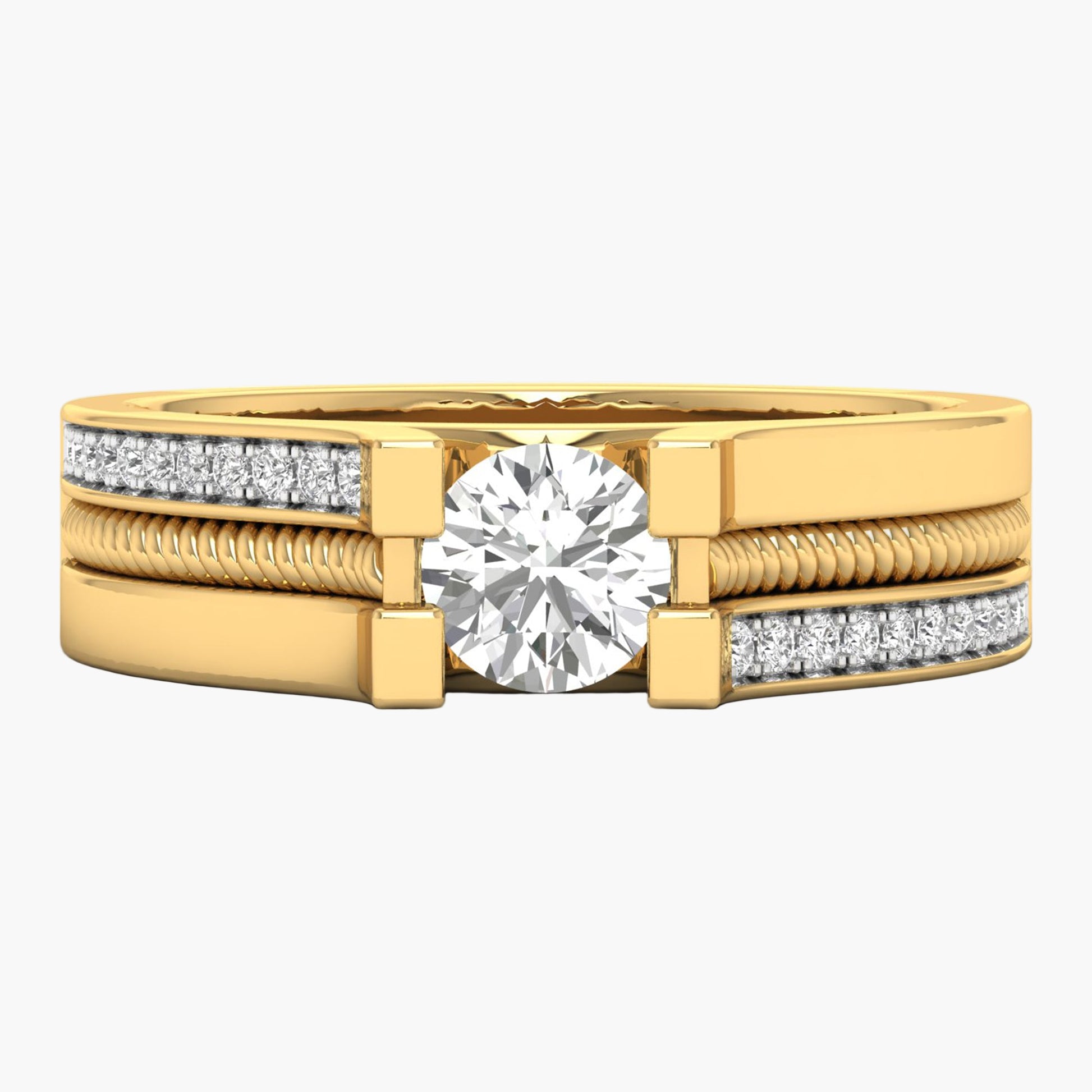 Gold ring with a large diamond and smaller diamonds on the band against a white background