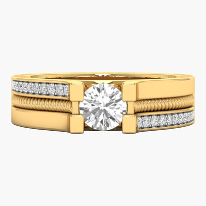 Gold ring with a large diamond and smaller diamonds on the band against a white background