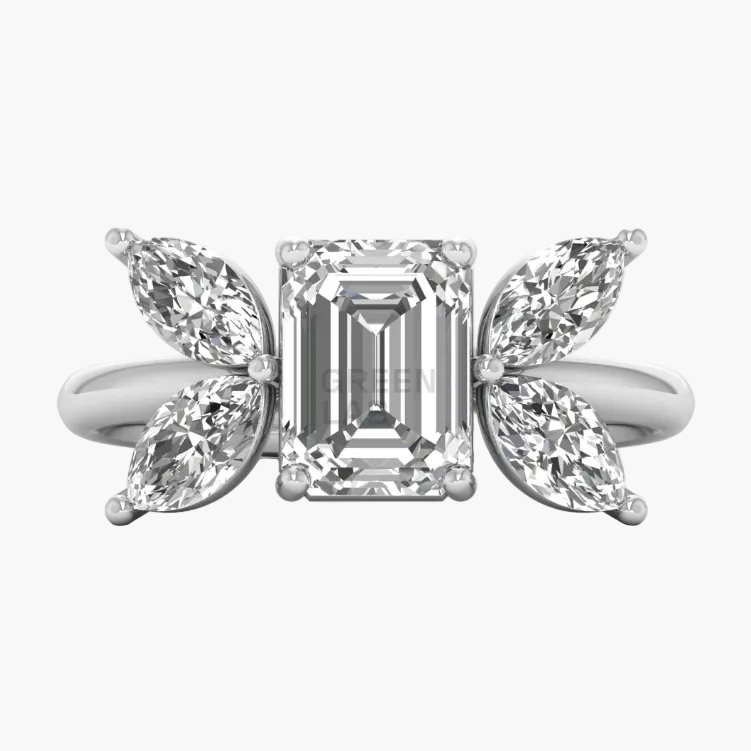 Diamond ring with butterfly designs on a white background