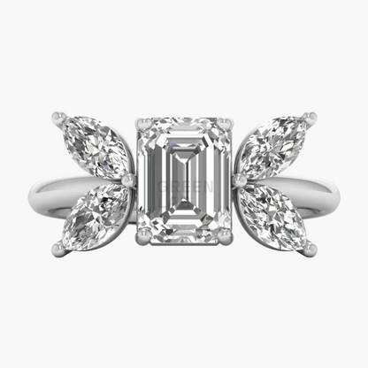 Diamond ring with butterfly designs on a white background