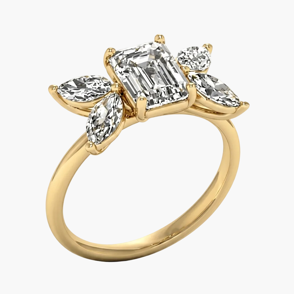 Gold ring with emerald-cut diamond and smaller diamonds on a white background, featuring 'Green Lab' branding.