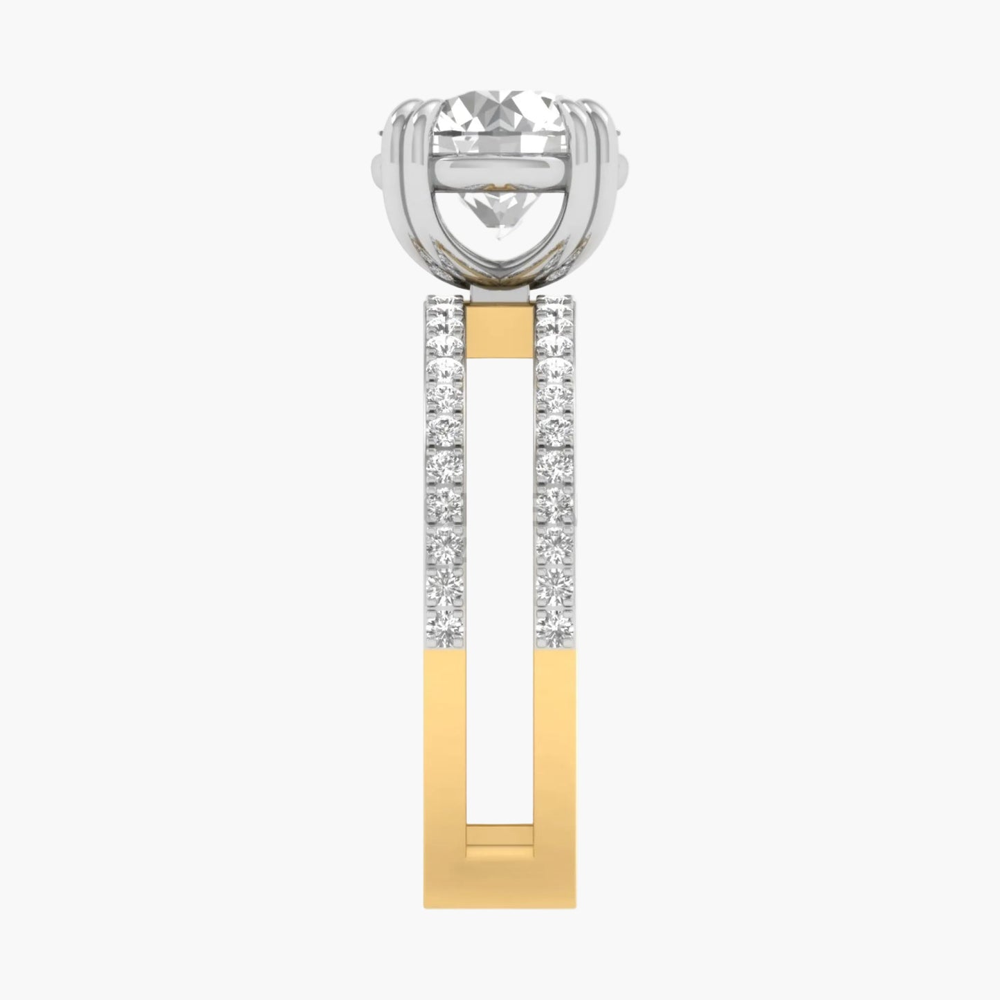 Gold and silver earring with clear gemstone on a white background