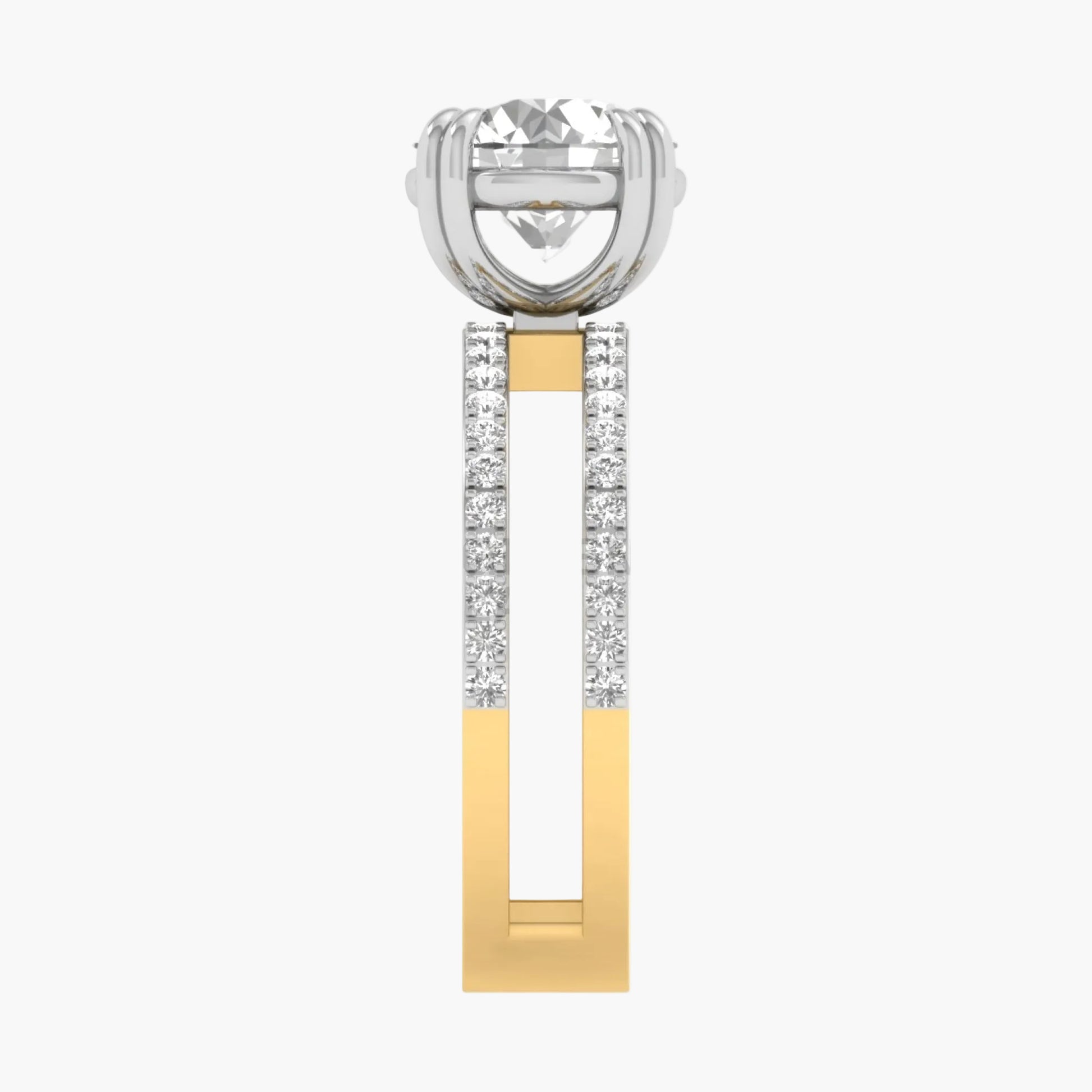 Gold and silver earring with clear gemstone on a white background
