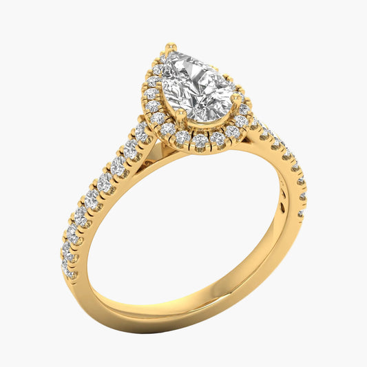Gold ring with a large diamond and smaller diamonds on a white background