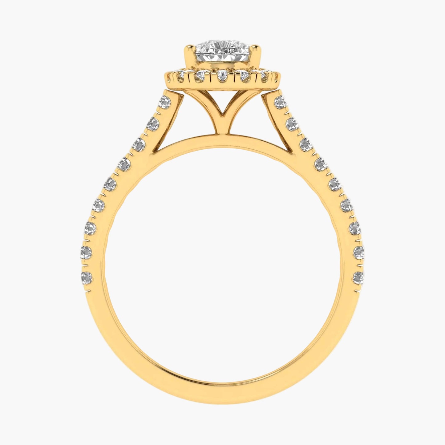 Gold ring with diamond accents on a white background